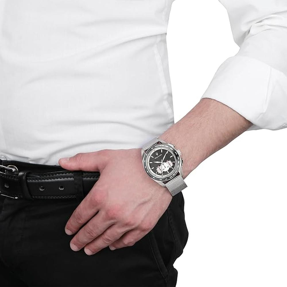 Maserati Traguardo Chronograph Stainless Steel Mesh Bracelet Silver‑Tone Tachymeter Mens Watch With Grey Dial - R8873612008 - Image 5